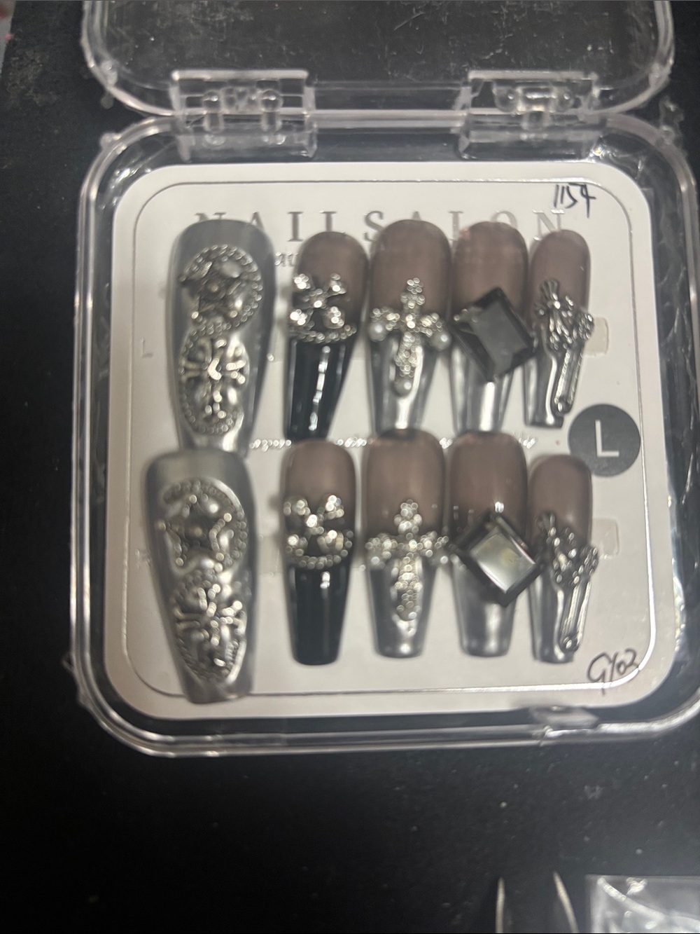 Taupe & Black Press-On Nails with Silver 3D Embellishments